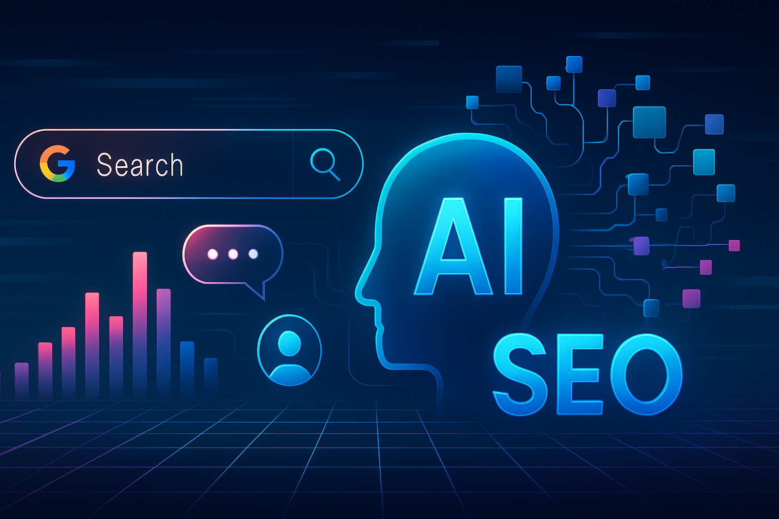 A futuristic digital landscape illustrating modern SEO techniques and AI integration.