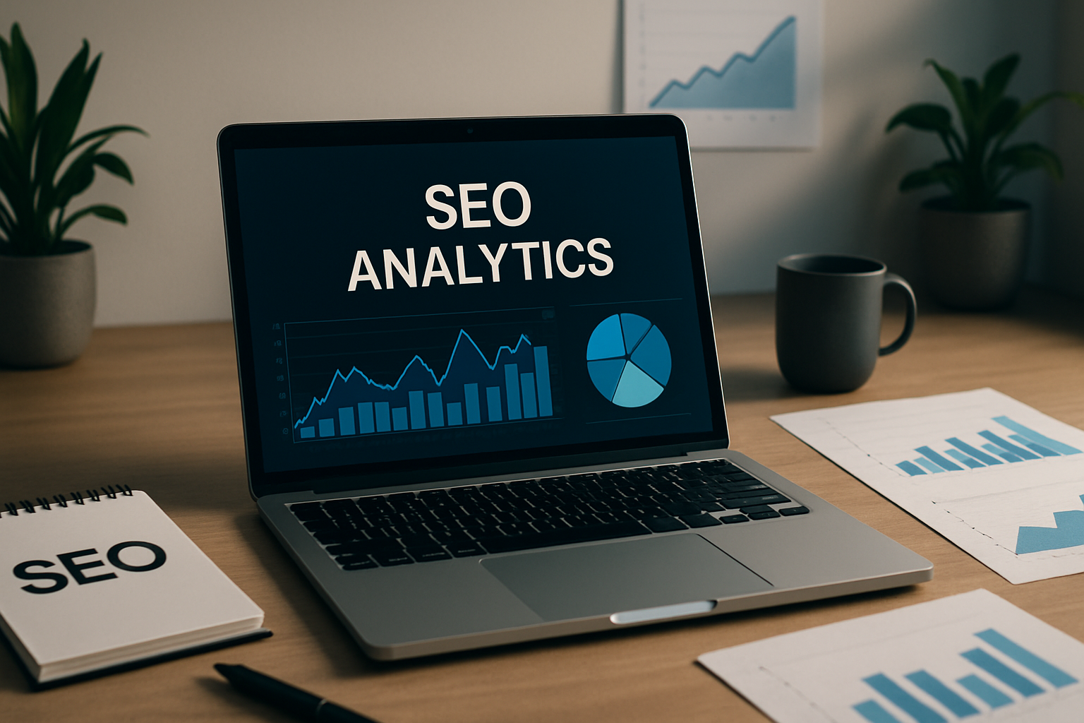 A professional workspace with SEO analytics on a laptop and growth-related elements.