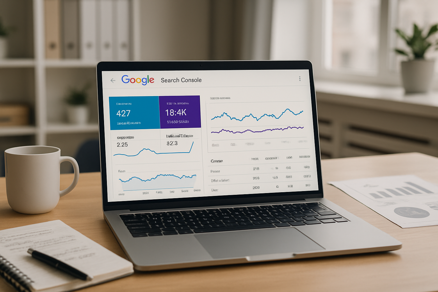 A modern office workspace with a laptop displaying Google Search Console metrics and SEO notes.
