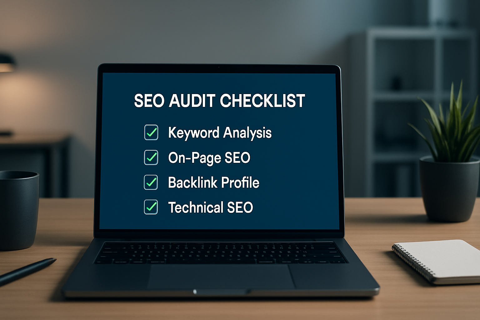 A digital workspace showcasing an SEO audit checklist on a laptop screen.