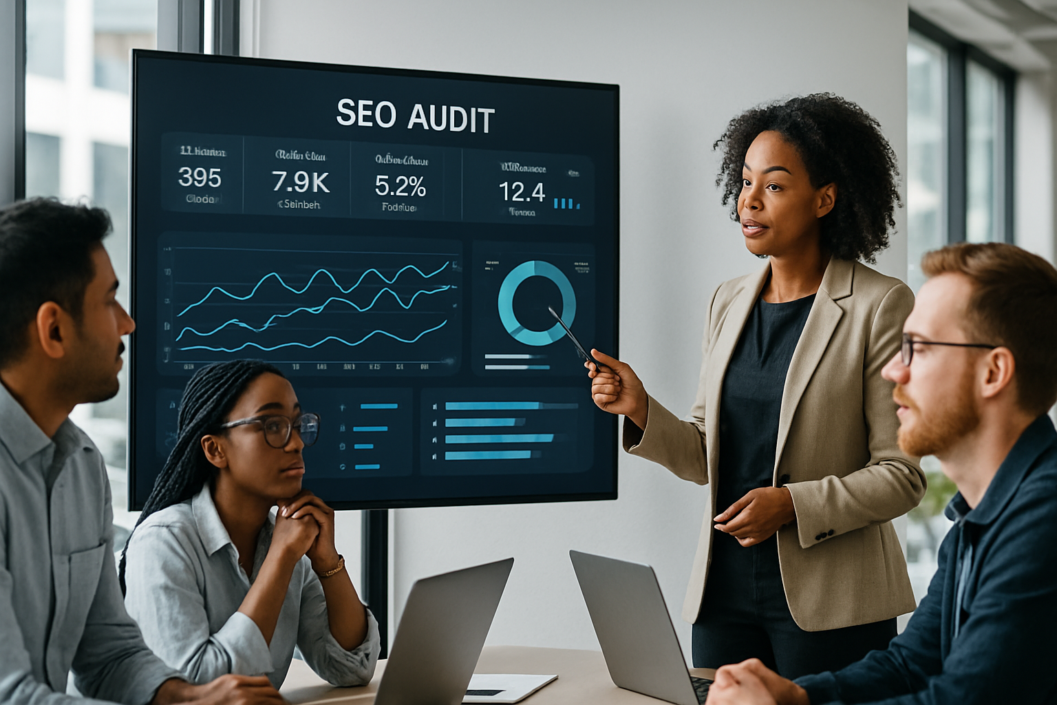A diverse team analyzing SEO data in a modern office environment.