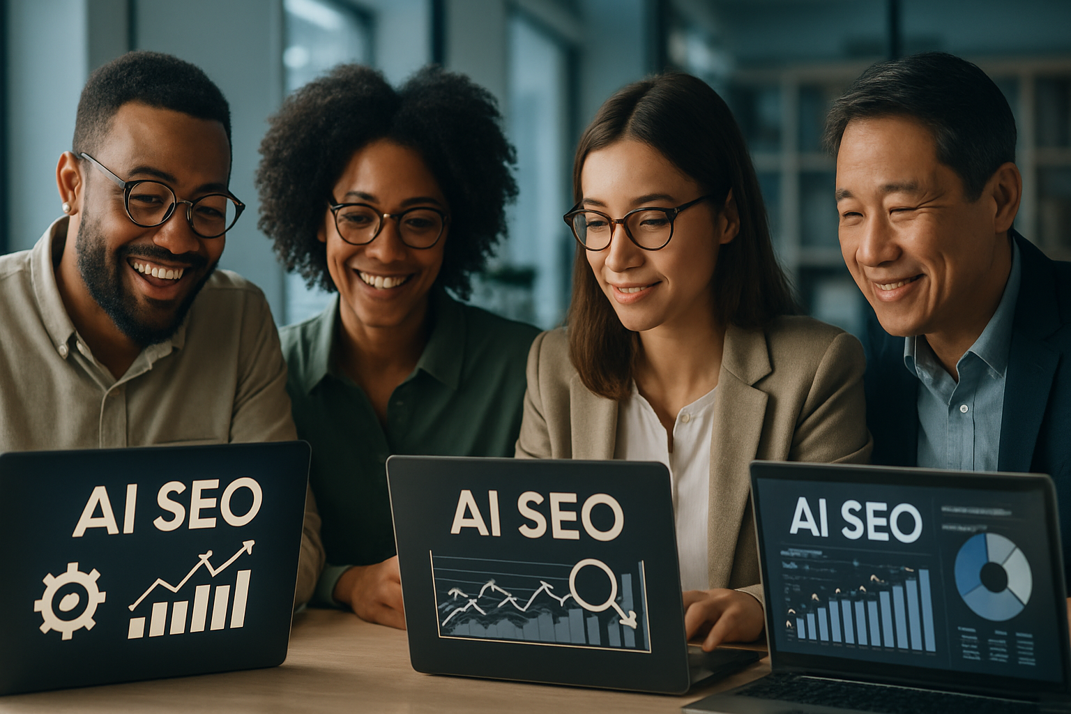A diverse team of small business owners using AI SEO tools in a modern office setting.